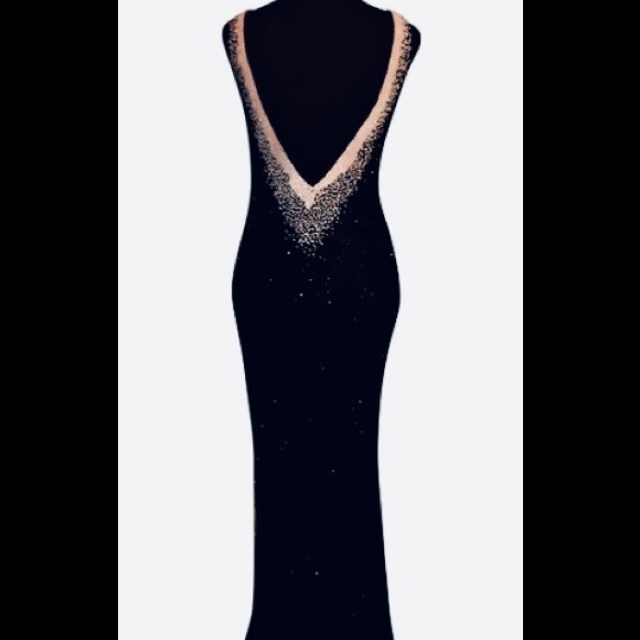 Jovani Black & White Beaded V back Mermaid Dress - Picture 2 of 11